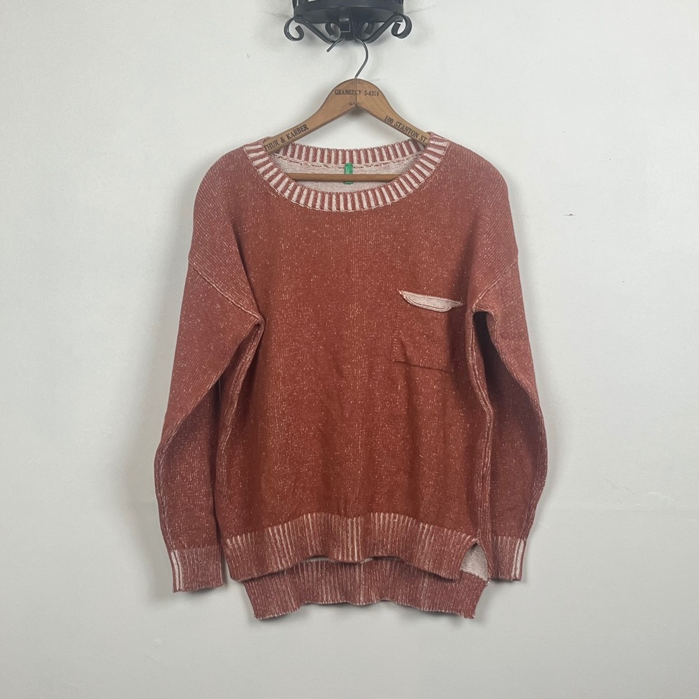 United Colors of Benetton Y2K 90s Rust Orange 100% Cotton Knit Pocket Sweater M